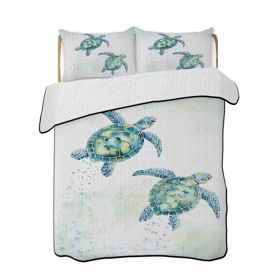 Quilts Full Size Bedding Set, Teal Turtles Coastal Lightweight Quilted Comforter, Summer Ocean Sea Watercolor Soft Reversible Bedspread Coverlet with Pillow Covers for All Season, 78" x 90"