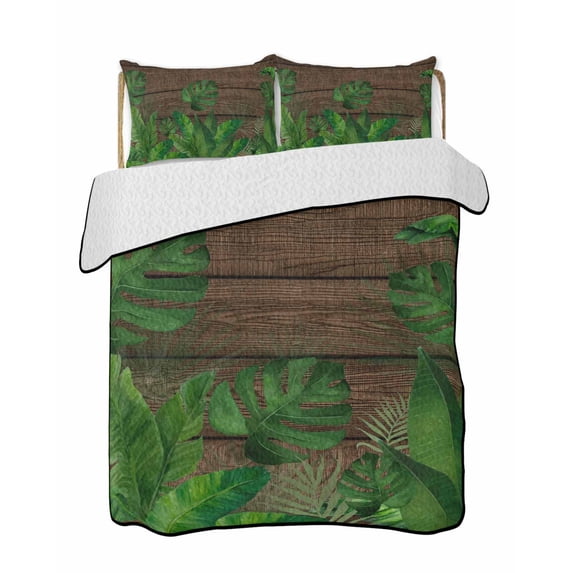 Quilts Full Size Bedding Set, Tropical Leaves Lightweight Quilted Comforter, Summer Botanical Monstera Leaf Wooden Brown Reversible Bedspread Coverlet with Pillow Covers for All Season, 78" x 90"