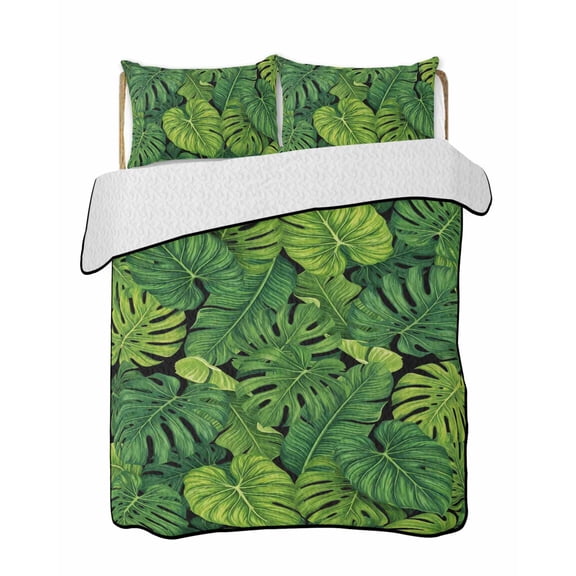 Quilts Full Size Bedding Set, Tropical Palm Leaves Lightweight Quilted Comforter, Summer Green Botanical Leaf Soft Reversible Bedspread Coverlet with Pillow Covers for All Season, 78" x 90"