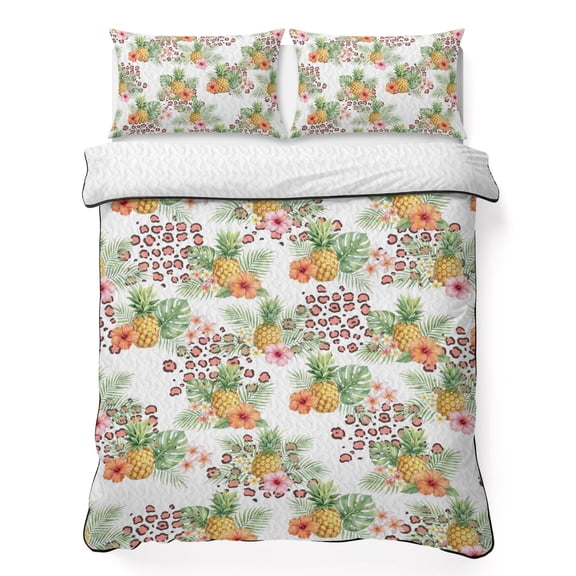 Quilts Full Size Bedding Set, Tropical Palm Leaves Pineapple Lightweight Quilted Comforter, Summer Botanical Green Soft Reversible Bedspread Coverlet with Pillow Covers for All Season, 78" x 90"