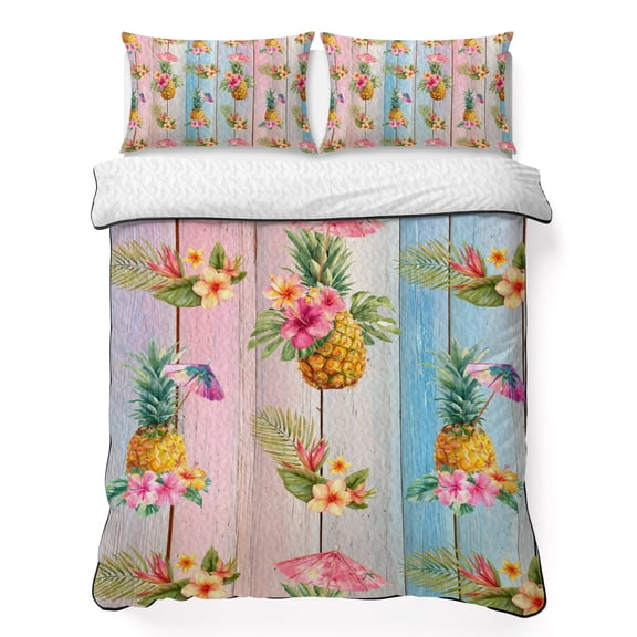 Quilts Full Size Bedding Set, Tropical Pineapple Lightweight Quilted Comforter, Summer Palm Leaves Flowers Colorful Wooden Soft Bedspread Coverlet with Pillow Covers for All Season, 78" x 90"