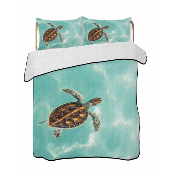 Quilts Full Size Bedding Set, Turquoise Sea Turtle Lightweight Quilted Comforter, Summer Beach Coastal Ocean Waves Soft Reversible Bedspread Coverlet with Pillow Covers for All Season, 78" x 90"