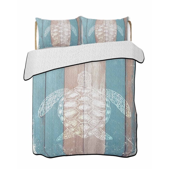 Quilts Full Size Bedding Set, Vintage Sea Turtle Lightweight Quilted Comforter, Retro Wood Nautical Summer Beach Soft Reversible Bedspread Coverlet with Pillow Covers for All Season, 78" x 90"