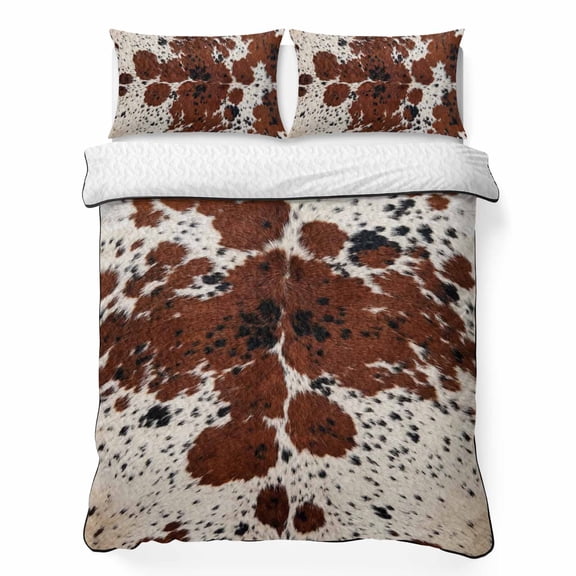 Quilts Full Size Bedding Set, Western Cow Print Lightweight Quilted Comforter, Farmhouse Country Cowhide Fur Brown Soft Reversible Bedspread Coverlet with Pillow Covers for All Season, 78" x 90"