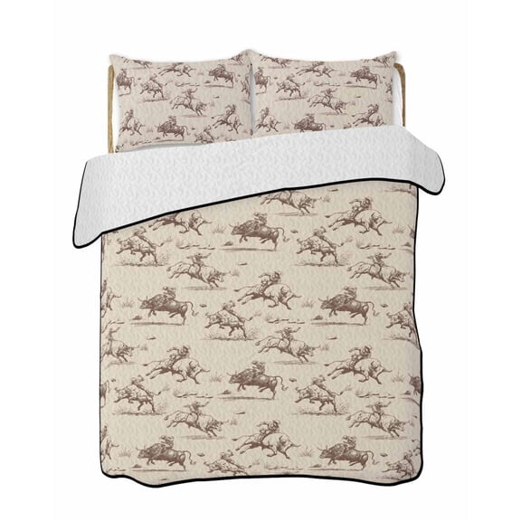 Quilts Full Size Bedding Set, Western Cowboys Lightweight Quilted Comforter, Vintage Farmhouse Cow Nature Scenery Soft Reversible Bedspread Coverlet with Pillow Covers for All Season, 78" x 90"