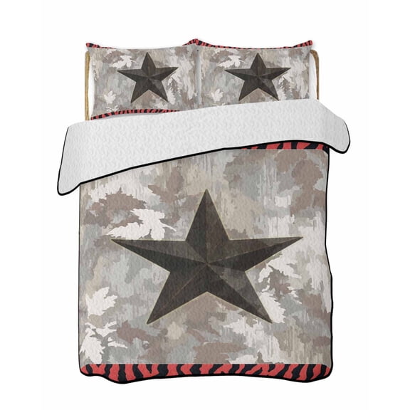 Quilts Full Size Bedding Set, Western Texas Star Lightweight Quilted Comforter, Farmhouse Abstract Red Tiger Print Soft Reversible Bedspread Coverlet with Pillow Covers for All Season, 78" x 90"