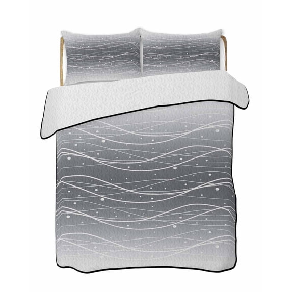 Quilts Full Size Bedding Set, White Gray Ombre Lightweight Quilted Comforter, Modern Abstract Striped Polka Dots Soft Reversible Bedspread Coverlet with Pillow Covers for All Season, 78" x 90"