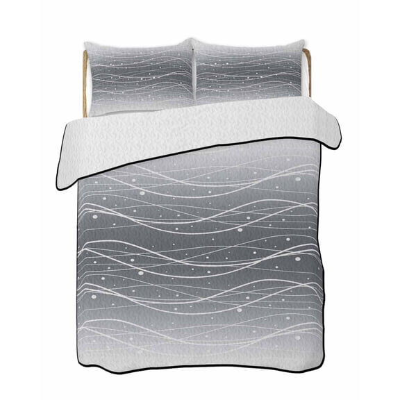 Quilts Full Size Bedding Set, White Gray Ombre Lightweight Quilted Comforter, Modern Abstract Striped Polka Dots Soft Reversible Bedspread Coverlet with Pillow Covers for All Season, 78" x 90"