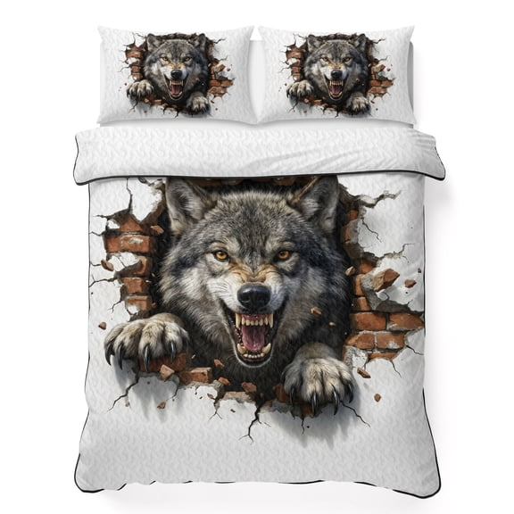 Quilts Full Size Bedding Set, Wolf Lightweight Quilted Comforter, Animal Broken Wall Dynamic Angry Expression Soft Reversible Bedspread Coverlet with Pillow Covers for All Season, 78" x 90"