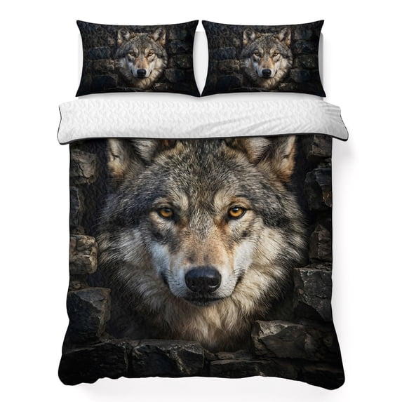Quilts Full Size Bedding Set, Wolf Lightweight Quilted Comforter, Mysterious Black Dark Stones Gray Brown Soft Reversible Bedspread Coverlet with Pillow Covers for All Season, 78" x 90"