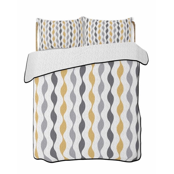 Quilts Full Size Bedding Set, Yellow Grey Striped Lightweight Quilted Comforter, Modern Abstract Geometric Stripes Soft Reversible Bedspread Coverlet with Pillow Covers for All Season, 78" x 90"