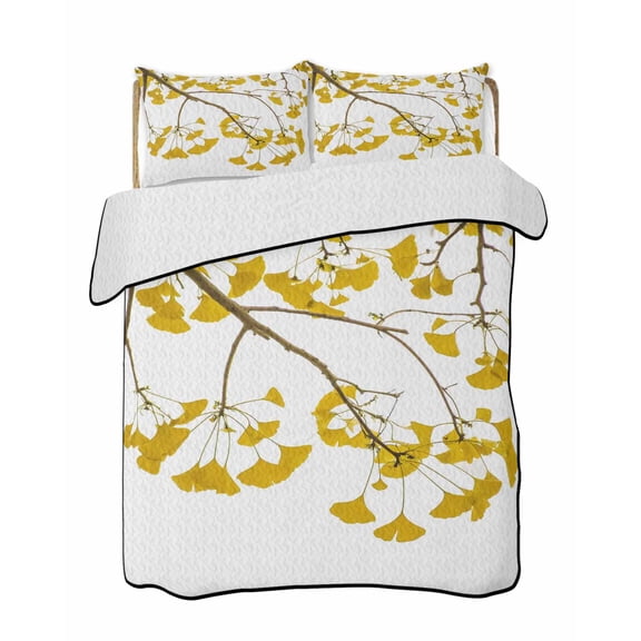 Quilts Full Size Bedding Set, Yellow Leaves Lightweight Quilted Comforter, Fall Branches Brown Tree Soft Reversible Bedspread Coverlet with Pillow Covers for All Season, 78" x 90"