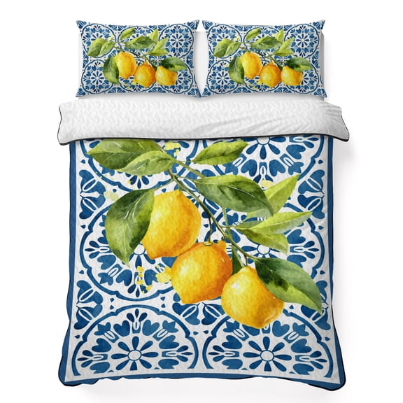 Quilts Full Size Bedding Set, Yellow Lemon Lightweight Quilted Comforter, Summer Country Fruits Italian Style Blue Soft Reversible Bedspread Coverlet with Pillow Covers for All Season, 78" x 90"