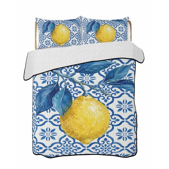 Quilts Full Size Bedding Set, Yellow Lemon Lightweight Quilted Comforter, Summer Fruits Blue Floral Pattern Soft Reversible Bedspread Coverlet with Pillow Covers for All Season, 78" x 90"