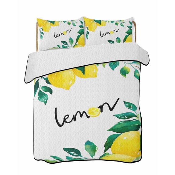 Quilts Full Size Bedding Set, Yellow Lemon Lightweight Quilted Comforter, Summer Spring Botanical Fruit Leaves Soft Reversible Bedspread Coverlet with Pillow Covers for All Season, 78" x 90"