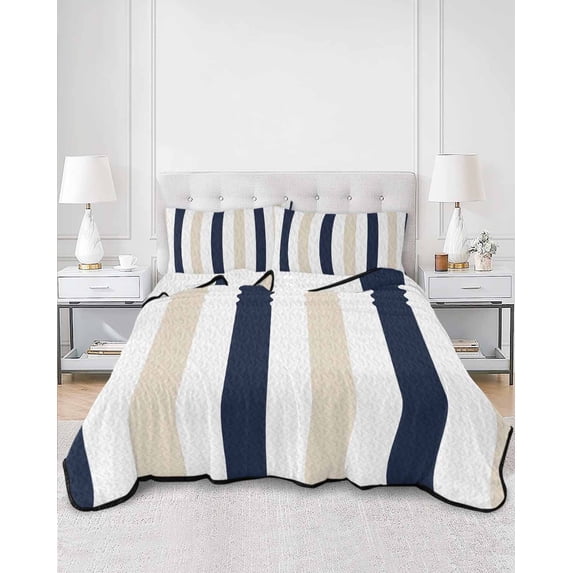 Quilts Full Size, Beige Navy Blue Striped Soft Comforter Bedding Set for Bed, Farmhouse Stripe Art Lightweight Quilted Bedspread with Pillow Cover(2 Pieces) for All Season, 78x90 Inch
