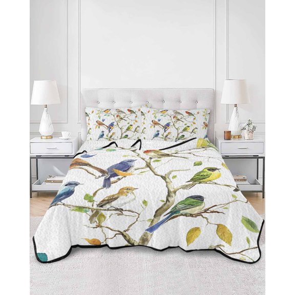 Quilts Full Size, Bird Leaf Soft Comforter Bedding Set for Bed, Spring Summer Tree Branch Farmhouse Retro Lightweight Quilted Bedspread with Pillow Cover(2 Pieces) for All Season, 78x90 Inch