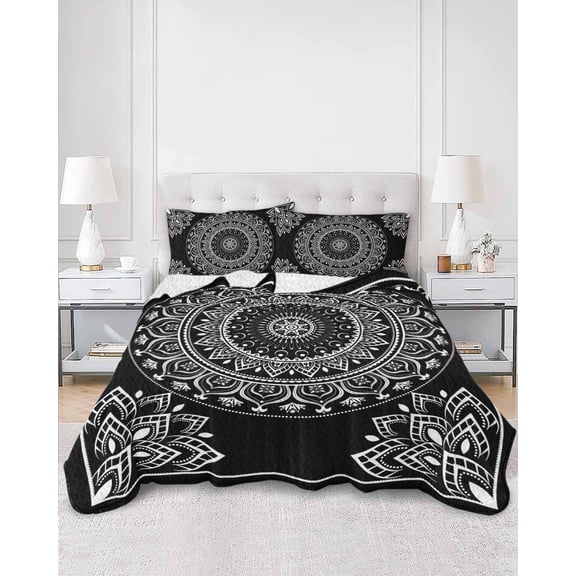 Quilts Full Size, Black Boho Soft Comforter Bedding Set for Bed, Retro Farmhouse Neutral Abstract Geometric Lightweight Quilted Bedspread with Pillow Cover(2 Pieces) for All Season, 78x90 Inch