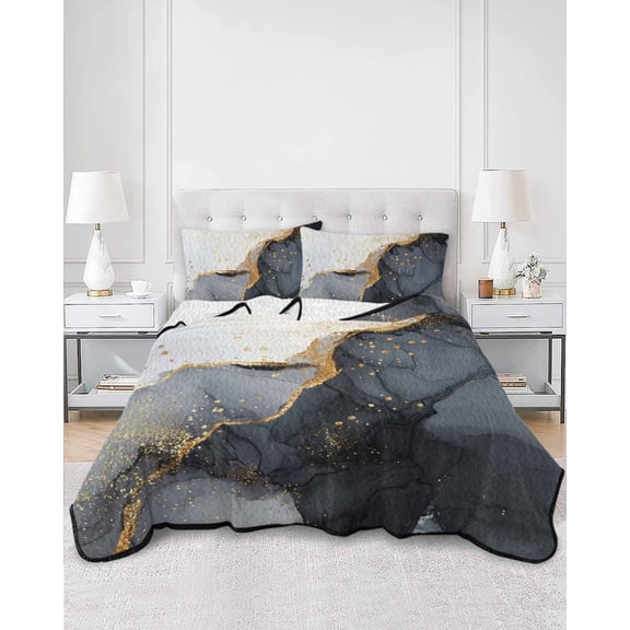 Quilts Full Size, Black White Marble Soft Comforter Bedding Set for Bed, Retro Modern Abstract Marble Crack Lightweight Quilted Bedspread with Pillow Cover(2 Pieces) for All Season, 78x90 Inch