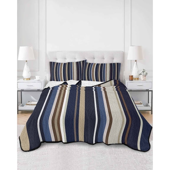 Quilts Full Size, Blue and Brown Geometric Stripe Pattern Soft Comforter Bedding Set for Bed, Lightweight Quilted Bedspread with Pillow Cover(2 Pieces) for All Season, 78x90 Inch