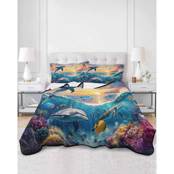 Quilts Full Size, Blue Coastal Soft Comforter Bedding Set for Bed, Dolphin Summer Beach Nautical Ocean Lightweight Quilted Bedspread with Pillow Cover(2 Pieces) for All Season, 78x90 Inch