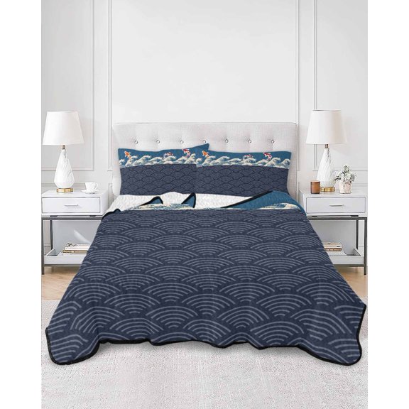Quilts Full Size, Blue Coastal Soft Comforter Bedding Set for Bed, Japanese Style Wave Fish Textured Lightweight Quilted Bedspread with Pillow Cover(2 Pieces) for All Season, 78x90 Inch