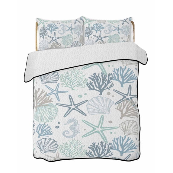 Quilts Full Size, Blue Green Coastal Soft Comforter Bedding Set for Bed, Summer Beach Coral Shell Ocean Lightweight Quilted Bedspread with Pillow Cover(2 Pieces) for All Season, 78x90 Inch