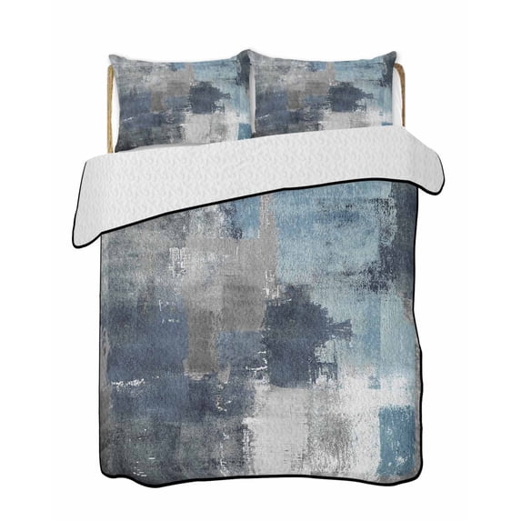 Quilts Full Size, Blue Grey Soft Comforter Bedding Set for Bed, Abstract Art Oil Painting Modern Geometric Lightweight Quilted Bedspread with Pillow Cover(2 Pieces) for All Season, 78x90 Inch