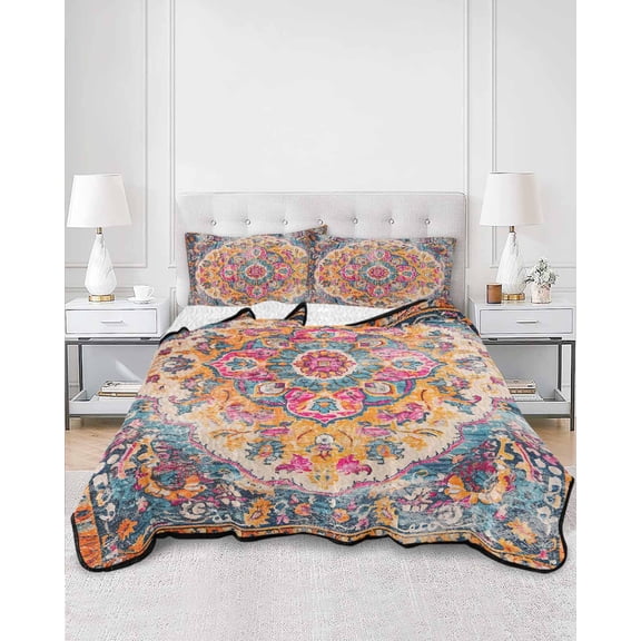Quilts Full Size, Blue Pink Soft Comforter Bedding Set for Bed, Boho Middle Century Geometric Abstract Lightweight Quilted Bedspread with Pillow Cover(2 Pieces) for All Season, 78x90 Inch