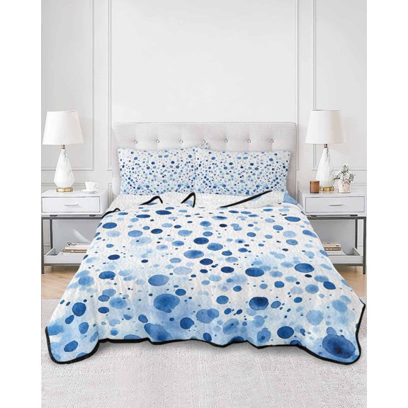 Quilts Full Size, Blue Polka Dot Soft Comforter Bedding Set for Bed, Modern Art Abstract Watercolor Dot Lightweight Quilted Bedspread with Pillow Cover(2 Pieces) for All Season, 78x90 Inch