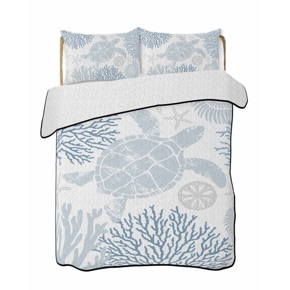 Quilts Full Size, Blue Sea Turtle Soft Comforter Bedding Set for Bed, Coastal Coral Summer Beach Nautical Lightweight Quilted Bedspread with Pillow Cover(2 Pieces) for All Season, 78x90 Inch