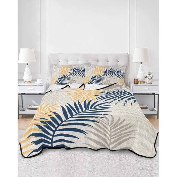 Quilts Full Size, Blue Yellow Palm Leaves Soft Comforter Bedding Set for Bed, Summer Botanical Tropical Leaf Lightweight Quilted Bedspread with Pillow Cover(2 Pieces) for All Season, 78x90 Inch