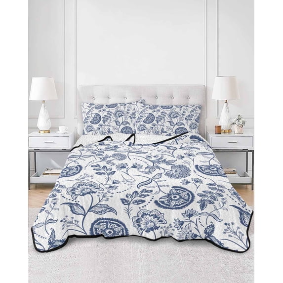 Quilts Full Size, Boho Blue Floral Soft Comforter Bedding Set for Bed, Vintage Farmhouse Paisley Plant Leaf Lightweight Quilted Bedspread with Pillow Cover(2 Pieces) for All Season, 78x90 Inch