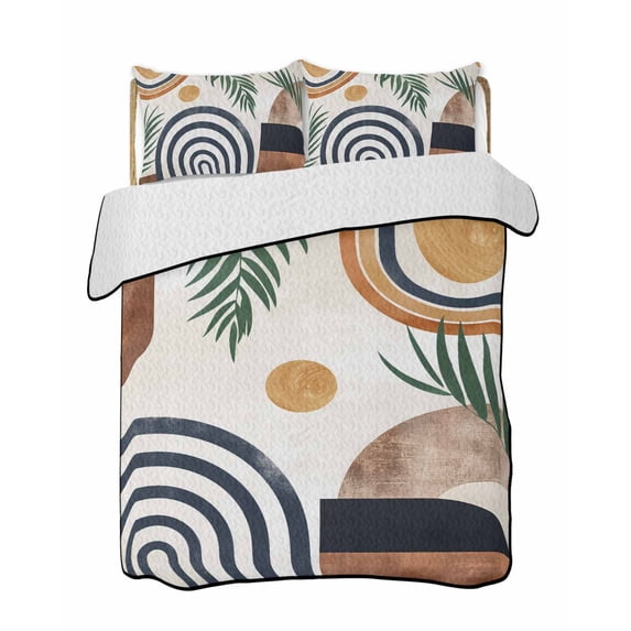 Quilts Full Size, Boho Middle Century Soft Comforter Bedding Set for Bed, Modern Abstract Botanical Geometric Lightweight Quilted Bedspread with Pillow Cover(2 Pieces) for All Season, 78x90 Inch