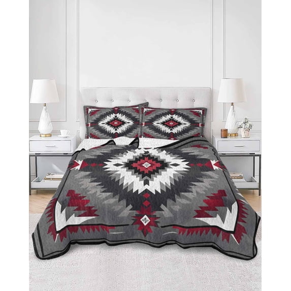 Quilts Full Size, Boho Red Grey Soft Comforter Bedding Set for Bed, Geometric Southwestern Retro Ethnic Lightweight Quilted Bedspread with Pillow Cover(2 Pieces) for All Season, 78x90 Inch