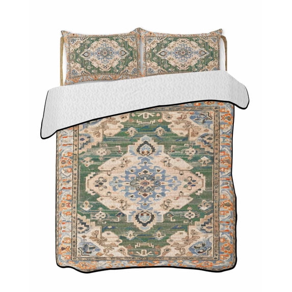 Quilts Full Size, Boho Soft Comforter Bedding Set for Bed, Green Brown Ethnic Tribe Abstract Vintage Western Lightweight Quilted Bedspread with Pillow Cover(2 Pieces) for All Season, 78x90 Inch