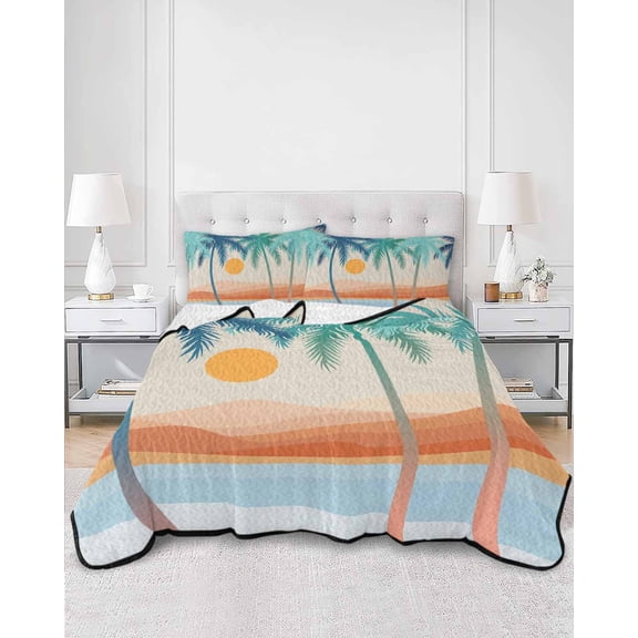 Quilts Full Size, Boho Summer Beach Soft Comforter Bedding Set for Bed, Abstract Tropical Palm Trees Burlap Lightweight Quilted Bedspread with Pillow Cover(2 Pieces) for All Season, 78x90 Inch
