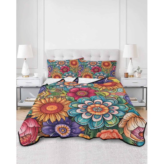 Quilts Full Size, Boho Teal Flower Soft Comforter Bedding Set for Bed, Spring Bohemia Chic Red Yellow Floral Lightweight Quilted Bedspread with Pillow Cover(2 Pieces) for All Season, 78x90 Inch