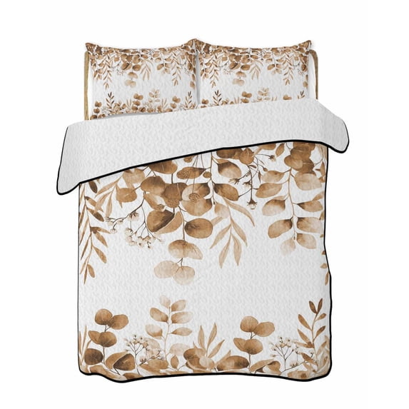 Quilts Full Size, Brown Eucalyptus Soft Comforter Bedding Set for Bed, Spring Summer Farmhouse Leaves Watercolor Lightweight Quilted Bedspread with Pillow Cover(2 Pieces) for All Season, 78x90 Inch