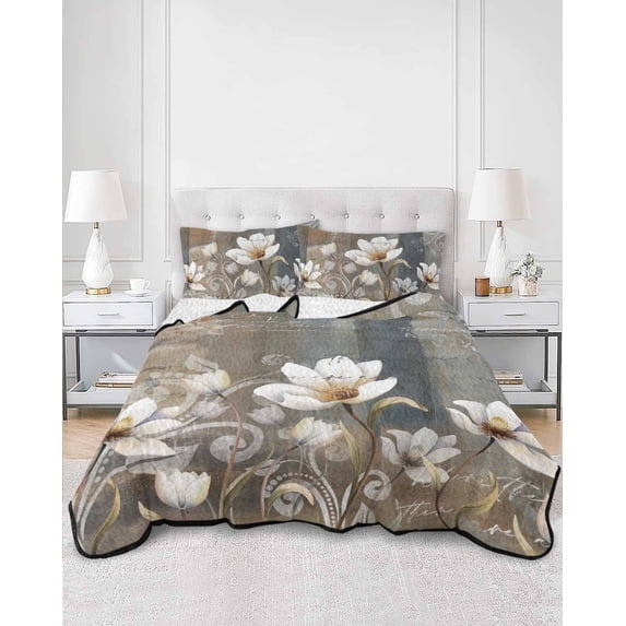 Quilts Full Size, Brown Grey Floral Soft Comforter Bedding Set for Bed, Spring Summer Botanical Vintage Lightweight Quilted Bedspread with Pillow Cover(2 Pieces) for All Season, 78x90 Inch
