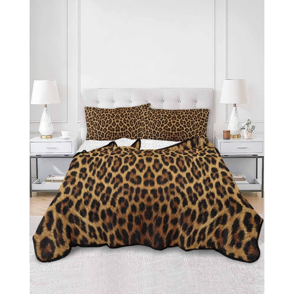 Quilts Full Size, Brown Leopard Print Soft Comforter Bedding Set for Bed, Classic Abstract Animal Patterned Lightweight Quilted Bedspread with Pillow Cover(2 Pieces) for All Season, 78x90 Inch