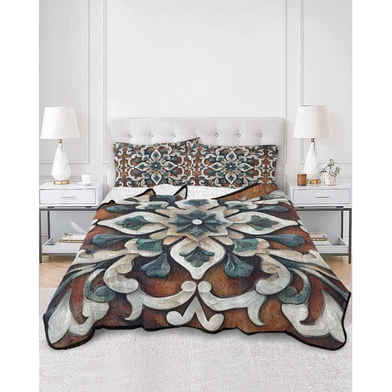 Quilts Full Size, Brown Teal Boho Soft Comforter Bedding Set for Bed, Ethnic Rustic Abstract Flowers Lightweight Quilted Bedspread with Pillow Cover(2 Pieces) for All Season, 78x90 Inch