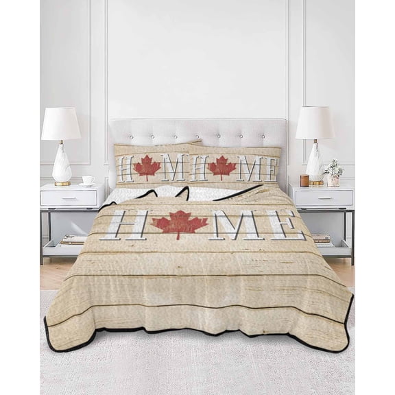 Quilts Full Size, Canada Maple Home Soft Comforter Bedding Set for Bed, Red Leaf Vintage Farmhouse Grey Wooden Lightweight Quilted Bedspread with Pillow Cover(2 Pieces) for All Season, 78x90 Inch