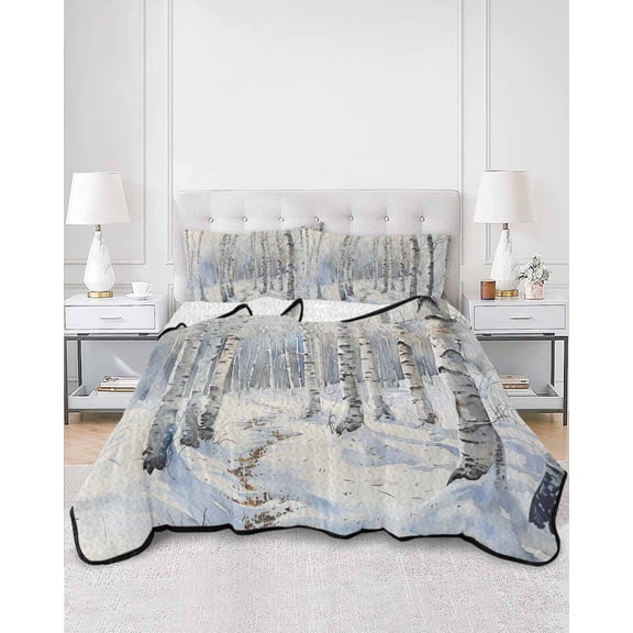 Quilts Full Size, Christmas Tree Soft Comforter Bedding Set for Bed, White Winter Xmas Snowflake Lightweight Quilted Bedspread with Pillow Cover(2 Pieces) for All Season, 78x90 Inch