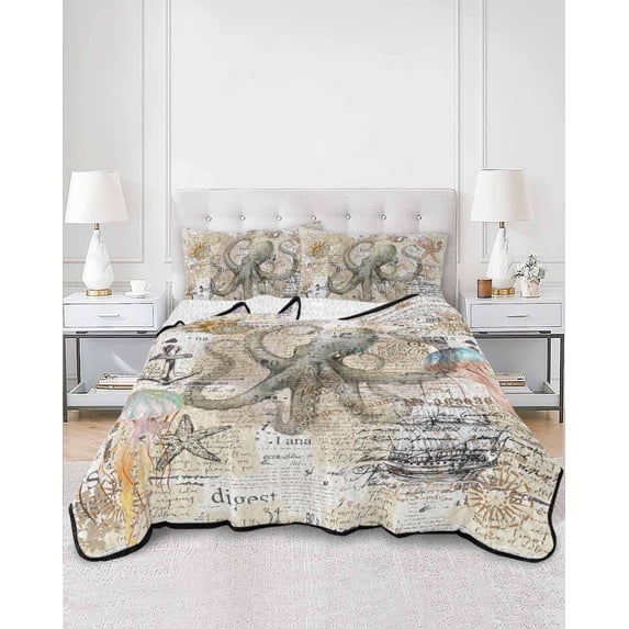 Quilts Full Size, Coastal Octopus Soft Comforter Bedding Set for Bed, Vintage Nautical Summer Beach Starfish Lightweight Quilted Bedspread with Pillow Cover(2 Pieces) for All Season, 78x90 Inch