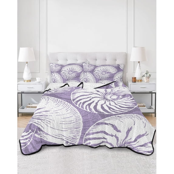 Quilts Full Size, Coastal Shell Purple Soft Comforter Bedding Set for Bed, Summer Ocean Shell Beach Lightweight Quilted Bedspread with Pillow Cover(2 Pieces) for All Season, 78x90 Inch