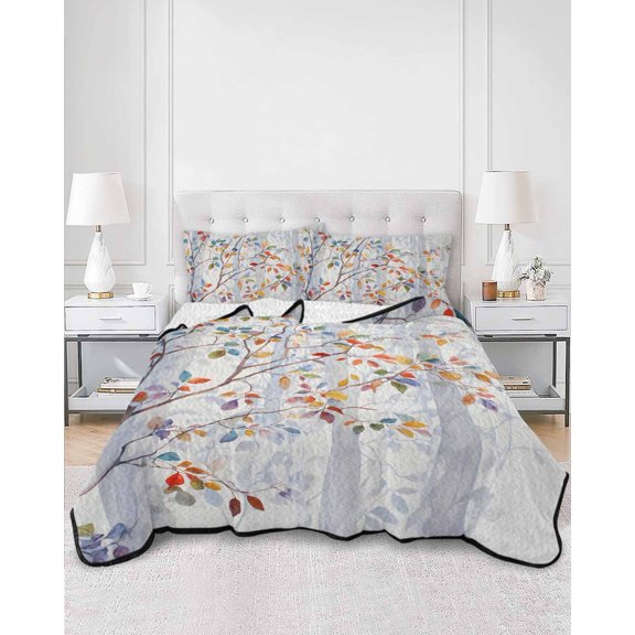 Quilts Full Size, Colorful Leaves Soft Comforter Bedding Set for Bed, Modern Abstract Spring Nature Tree Branch Lightweight Quilted Bedspread with Pillow Cover(2 Pieces) for All Season, 78x90 Inch