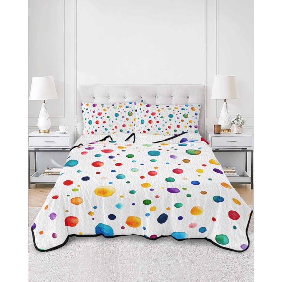 Quilts Full Size, Colorful Polka Dot Soft Comforter Bedding Set for Bed, Rainbow Color Polka Dots Abstract Lightweight Quilted Bedspread with Pillow Cover(2 Pieces) for All Season, 78x90 Inch