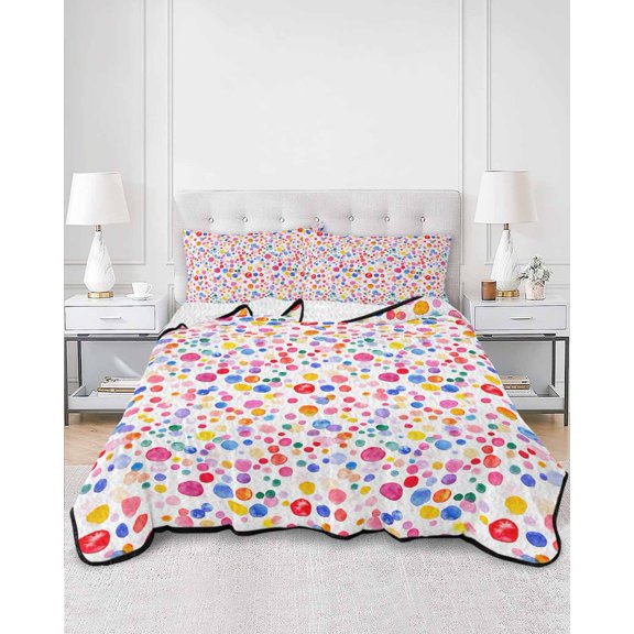 Quilts Full Size, Colorful Polka Dot Soft Comforter Bedding Set for Bed, Rainbow Watercolor Polka Dots Lightweight Quilted Bedspread with Pillow Cover(2 Pieces) for All Season, 78x90 Inch