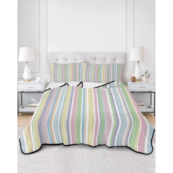 Quilts Full Size, Colorful Striped Soft Comforter Bedding Set for Bed, Farmhouse Rainbow Color Stripes Lightweight Quilted Bedspread with Pillow Cover(2 Pieces) for All Season, 78x90 Inch